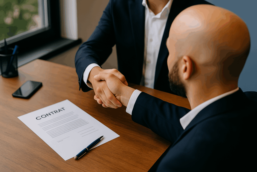 Signature d’un contrat photovoltaïque, poignée de main entre un client et un installateur