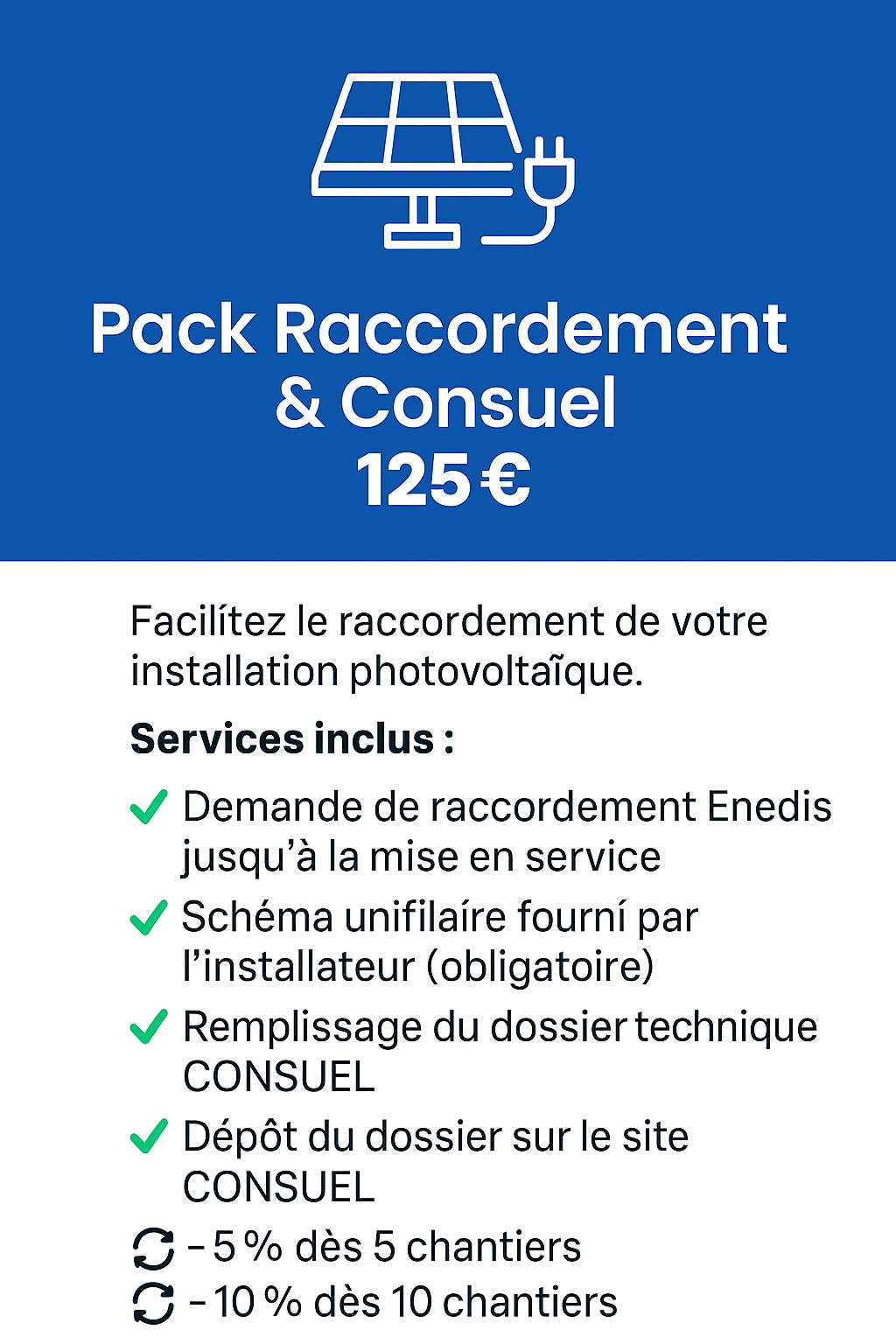Visuel du Pack Raccordement & Consuel, 120 €, services inclus : Raccordement Enedis, dossier technique CONSUEL, schéma unifilaire, attestation de conformité.