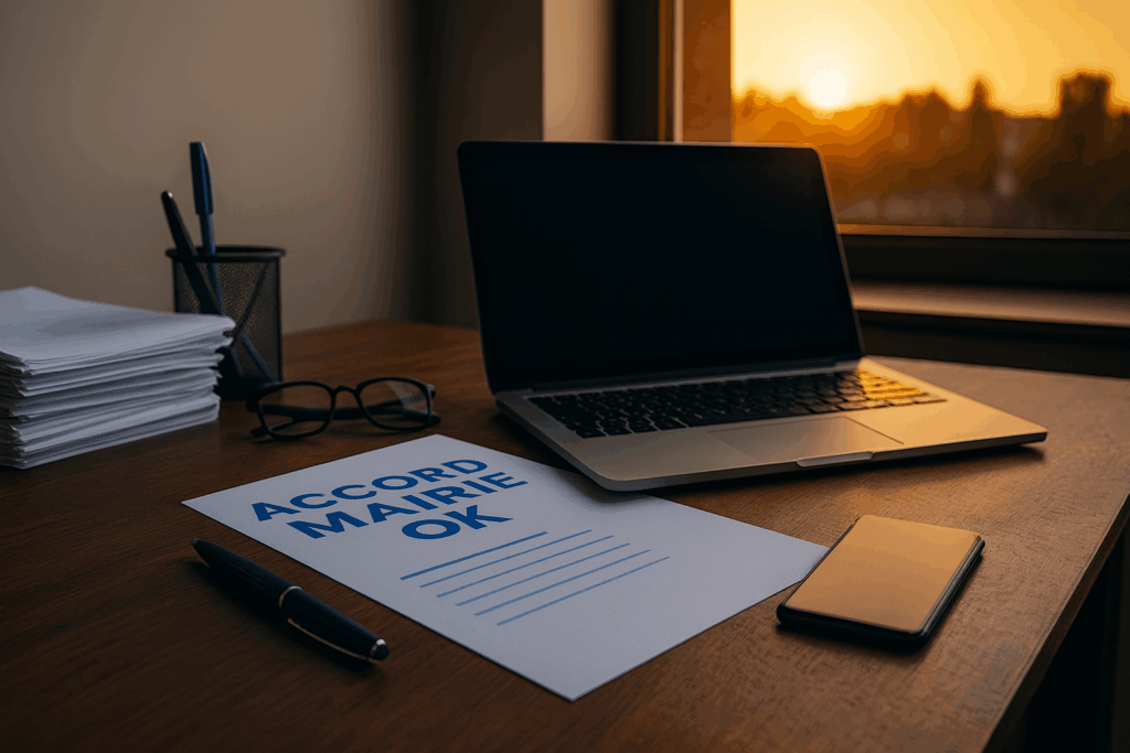 Bureau administratif avec ordinateur portable et dossier Accord de mairie OK